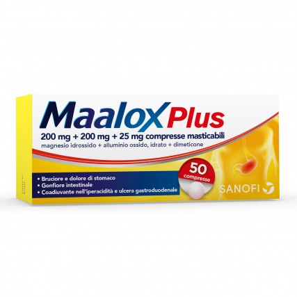 MAALOX PLUS 50 COMPRESSE MASTICABILI 200 mg + 200 mg + 25 mg