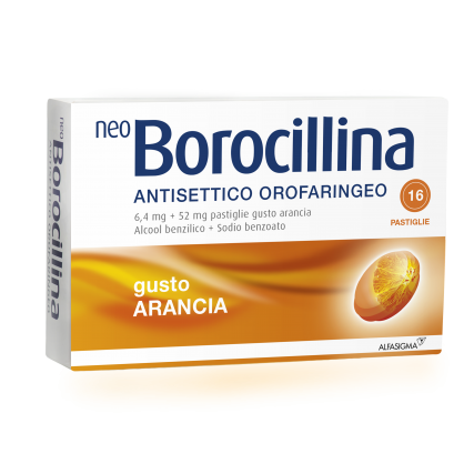 NEOBOROCILLINA ANTISETTICO OROFARINGEO 16 PASTIGLIE 6,4 mg +52 mg GUSTO ARANCIA