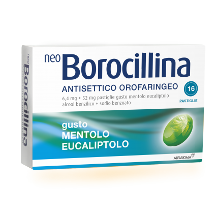 NEOBOROCILLINA ANTISETTICO OROFARINGEO 16 PASTIGLIE 6,4 mg +52 mg MENTOLO EUCALIPTOLO